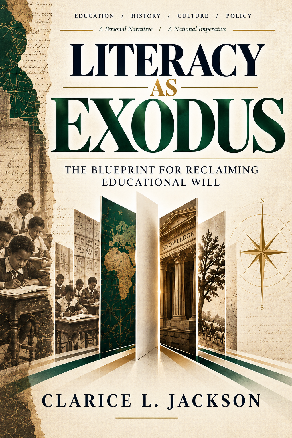 Book cover: Literacy As Exodus — The Blueprint for Reclaiming Educational Will, by Clarice L. Jackson