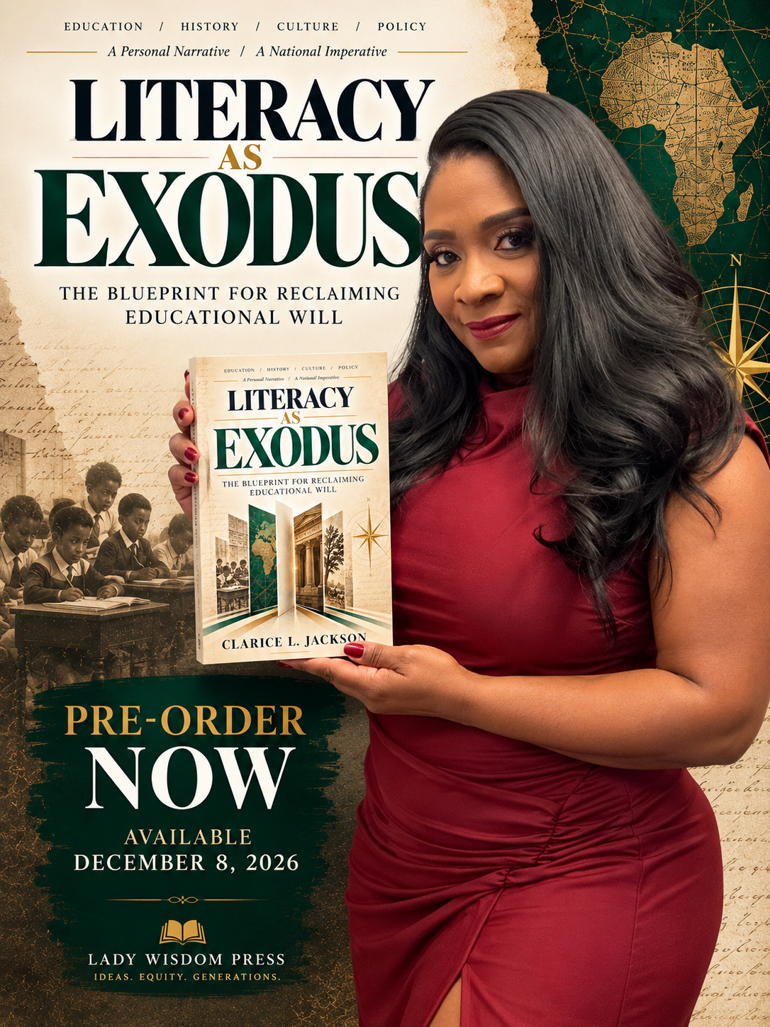 Clarice L. Jackson holding her book Literacy As Exodus — the cover reads Pre-Order Now, available December 8, 2026.